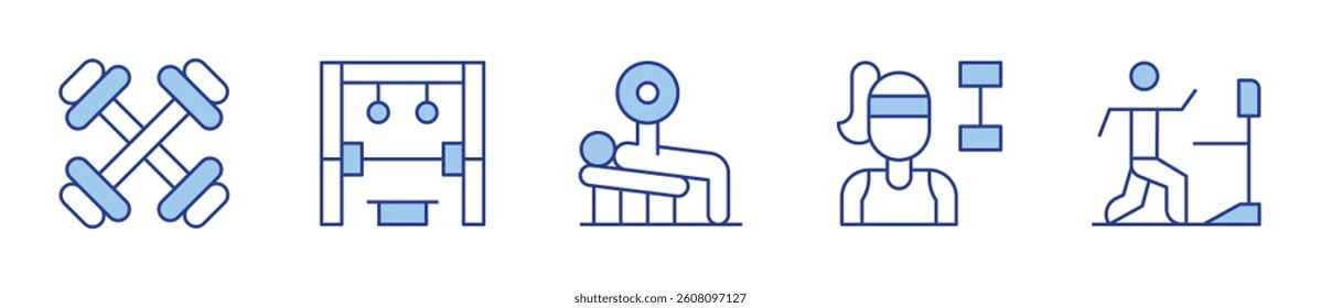 weight lifting, dumbbells, fitness, home gym, run. Gym Icon vector illustration. Line Duotone style. Editable stroke.
