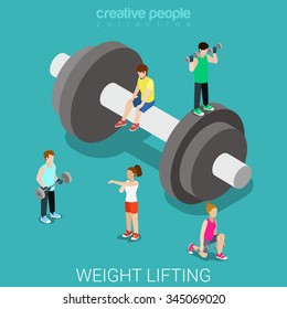 Weight lifting flat 3d isometry isometric sports concept web vector illustration. Big dumbbell and sports men women around. Creative sportsmen people collection.