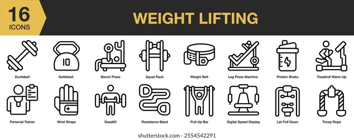 Weight Lifting icon set. Includes dumbbell, kettlebell, belt, pull up, protein, and More. Outline icons vector collection.