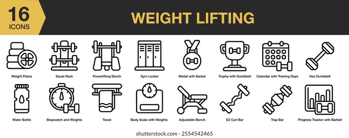 Weight Lifting icon set. Includes plates, squat pack, barbel, locker, dumbbell, towel, and More. Outline icons vector collection.