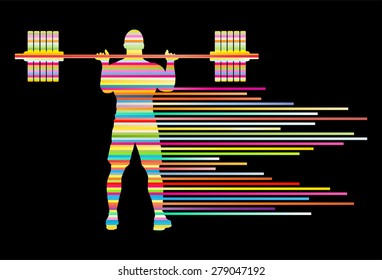 Weight lifting man abstract vector background concept made of stripes