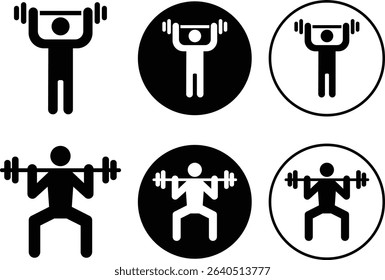 Weight lifting man flat icons set. Powerful fitness vectors of bodybuilder holding weights for gym Logo design. Strength training symbol. Powerlifter squatting and sport signs illustration collection.