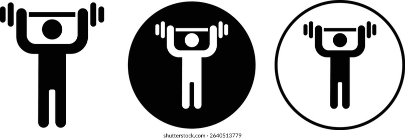 Weight lifting man flat icons set. Powerful fitness vectors of bodybuilder holding weights for gym Logo design. Strength training symbol. Powerlifter squatting and sport signs illustration collection.