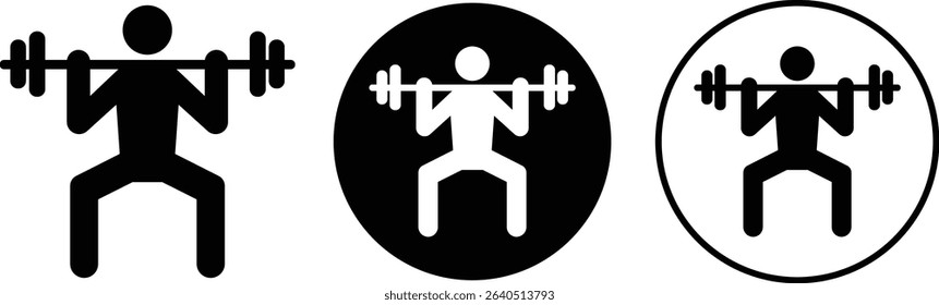 Weight lifting man flat icons set. Powerful fitness vectors of bodybuilder holding weights for gym Logo design. Strength training symbol. Powerlifter squatting and sport signs illustration collection.