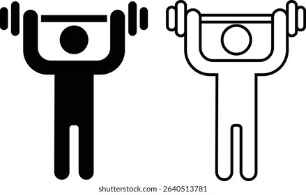 Weight lifting man flat, outline icons set. Powerful fitness vectors of bodybuilder holding weights for gym Logo designs. Strength training symbols. Powerlifter squatting and sport signs illustration.