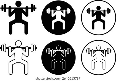 Weight lifting man flat, outline icons set. Powerful fitness vectors of bodybuilder holding weights for gym Logo designs. Strength training symbols. Powerlifter squatting and sport signs illustration.