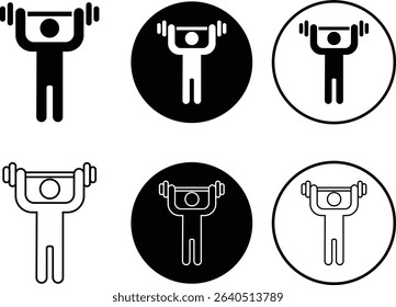 Weight lifting man flat, outline icons set. Powerful fitness vectors of bodybuilder holding weights for gym Logo designs. Strength training symbols. Powerlifter squatting and sport signs illustration.
