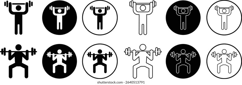 Weight lifting man flat, outline icons set. Powerful fitness vectors of bodybuilder holding weights for gym Logo designs. Strength training symbols. Powerlifter squatting and sport signs illustration.