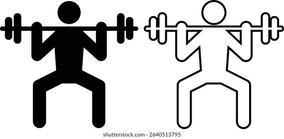 Weight lifting man flat, outline icons set. Powerful fitness vectors of bodybuilder holding weights for gym Logo designs. Strength training symbols. Powerlifter squatting and sport signs illustration.