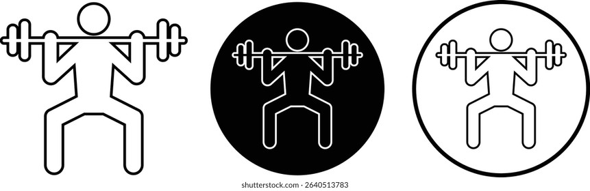 Weight lifting man outline icons set. Powerful fitness vectors of bodybuilder holding weight for gym Logo design. Strength training symbol. Powerlifter squatting, sport signs illustration collection.