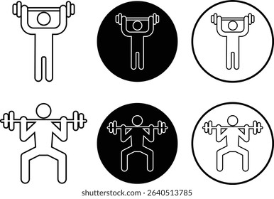 Weight lifting man outline icons set. Powerful fitness vectors of bodybuilder holding weight for gym Logo design. Strength training symbol. Powerlifter squatting, sport signs illustration collection.
