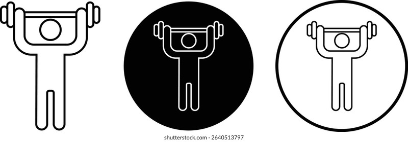 Weight lifting man outline icons set. Powerful fitness vectors of bodybuilder holding weight for gym Logo design. Strength training symbol. Powerlifter squatting, sport signs illustration collection.