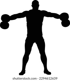 A weight lifting muscle man or bodybuilder weightlifting weights in silhouette