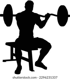 A weight lifting muscle man or bodybuilder weightlifting weights in silhouette