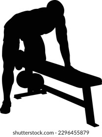 A weight lifting muscle man or bodybuilder weightlifting weights in silhouette