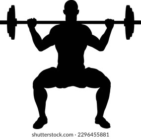A weight lifting muscle man or bodybuilder weightlifting weights in silhouette svg