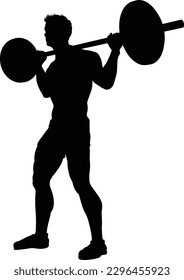 A weight lifting muscle man or bodybuilder weightlifting weights in silhouette