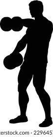 A weight lifting muscle man or bodybuilder weightlifting weights in silhouette