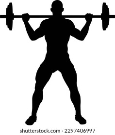 A weight lifting muscle man or bodybuilder weightlifting weights in silhouette