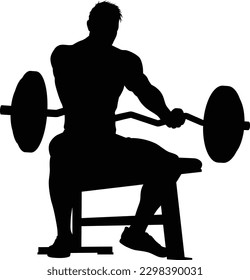 A weight lifting muscle man or bodybuilder weightlifting weights in silhouette