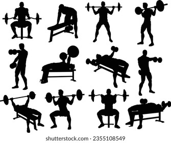 A weight lifting muscle man or bodybuilder weightlifting weights in silhouette set