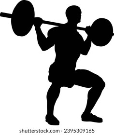A weight lifting muscle man or bodybuilder weightlifting weights in silhouette svg