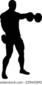 A weight lifting muscle man or bodybuilder weightlifting weights in silhouette