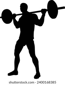 A weight lifting muscle man or bodybuilder weightlifting weights in silhouette