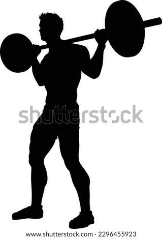 A weight lifting muscle man or bodybuilder weightlifting weights in silhouette