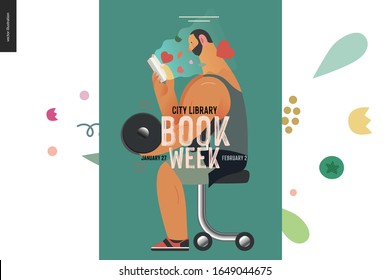 Weight lifting poster design template -World Book Day graphics -book week events. Modern flat vector concept illustrations of reading people -a brunette man lifting a dumbbell, reading a romance novel