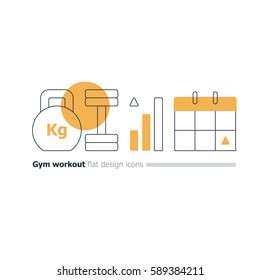 Weight Lifting Program Concept, Kettlebell And Dumbbell Icon, Gym Workout Plan, Intensive Training Week, Strength Improvement, Sport Calendar, Vector Flat Design Illustration