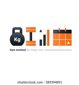 Weight lifting program concept, kettlebell and dumbbell icon, gym workout plan, intensive training week, strength improvement, sport calendar, vector flat design illustration