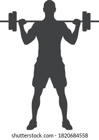 Weight lifting silhouette. Sportsman exercise with big barbell. Strong bodybuilder standing with heavyweight barbell on his shoulder. 