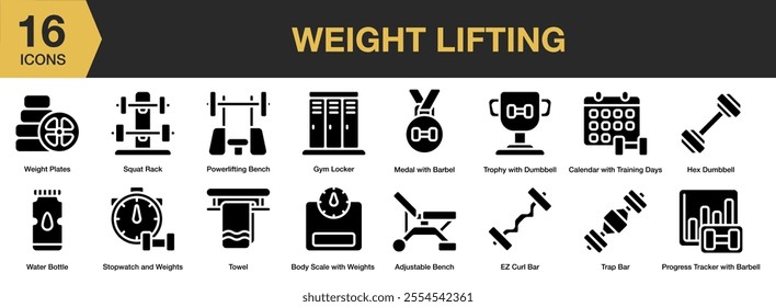 Weight Lifting solid icon set. Includes plates, squat pack, barbel, locker, dumbbell, towel, and More. Solid icons vector collection.