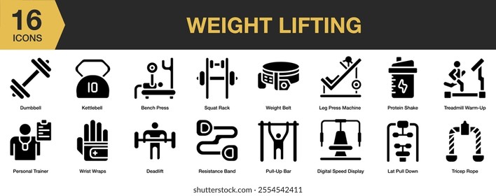 Weight Lifting solid icon set. Includes dumbbell, kettlebell, belt, pull up, protein, and More. Solid icons vector collection.