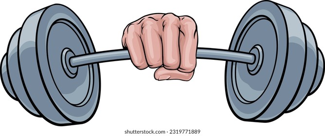 A weight lifting or weightlifting fist hand holding a heavy barbell or dumbbell concept.