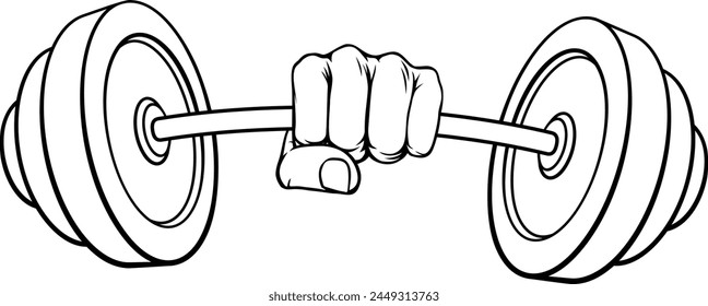 A weight lifting or weightlifting fist hand holding a heavy barbell or dumbbell concept.