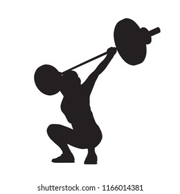 Weight lifting woman with big barbell, isolated vector silhouette