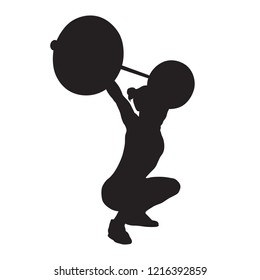 Weight lifting, woman lifts big barbell, isolated vector silhouette, side view