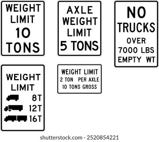 Límite de Peso Señales de Carretera, Límite de Peso del Eje, Límite de Camión, Límite Bruto, y Restricciones de Peso con Símbolos de Camión. Iniciar sesión de carreteras de los Estados Unidos.