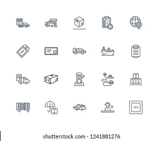 weight limit, Support, Fast delivery, Logistic Umbrella, Bar code, worldwide ship by sea, Postbox, waybill, Air mail, Box outline vector icons from 20 set