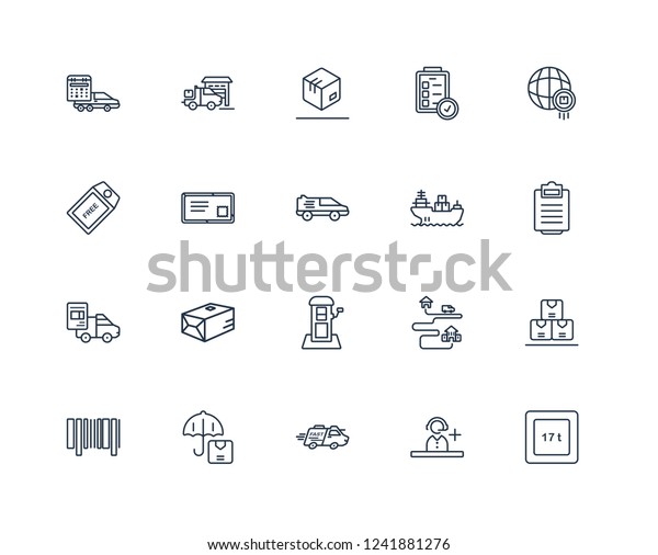 weight limit, Support, Fast\
delivery, Logistic Umbrella, Bar code, worldwide ship by sea,\
Postbox, waybill, Air mail, Box outline vector icons from 20\
set