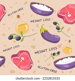 Weight look products and ingredients for eating, gluten free meal and dieting. Aubergine and cottage cheese, olive oil and meat. Seamless pattern or print, wallpaper background. Vector in flat style