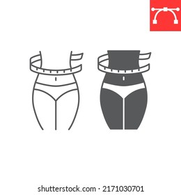 Weight lose line and glyph icon, diet and body, woman waist with measuring tape vector icon, vector graphics, editable stroke outline sign, eps 10.