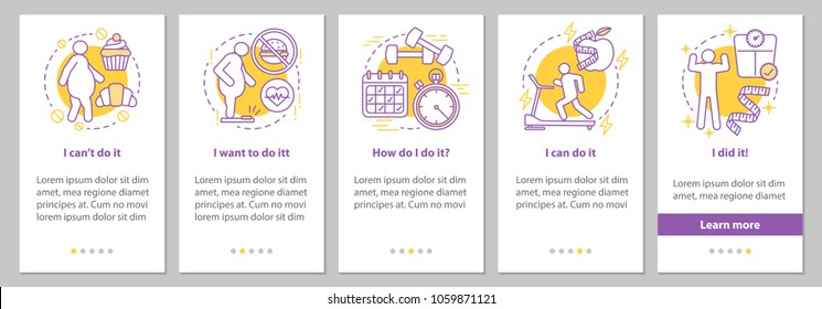 Peso perder passos na tela da página do aplicativo móvel com conceitos lineares. Combate à obesidade instruções gráficas. UX, UI, modelo vetorial GUI com ilustrações
