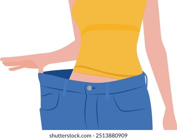 Perder peso, mujer con cuerpo delgado en pantalones viejos de gran tamaño, concepto de dieta y pérdida de peso. Mujer en jeans oversize