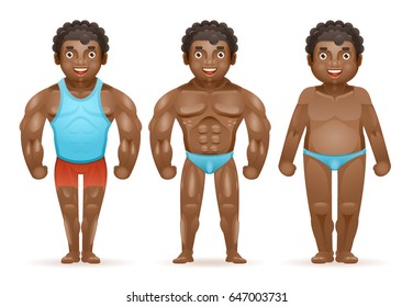 Weight loss afroamerican bodybuilder muscular fat man before after sports happy characters isolated cartoon design vector illustration