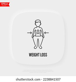 Weight loss after disease thin line icon. Lean man in big trousers. Long covid. Vector illustration.