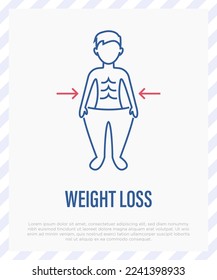 Weight loss after disease thin line icon. Lean man in big trousers. Long covid. Vector illustration.