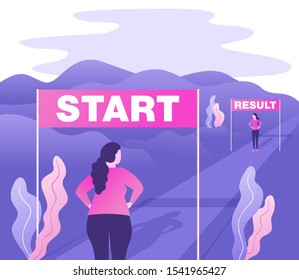 Weight loss before and after concept - illustration for diet program, fasting, liposuction, fitness - eliminating the problem of excess weight - start and finish 